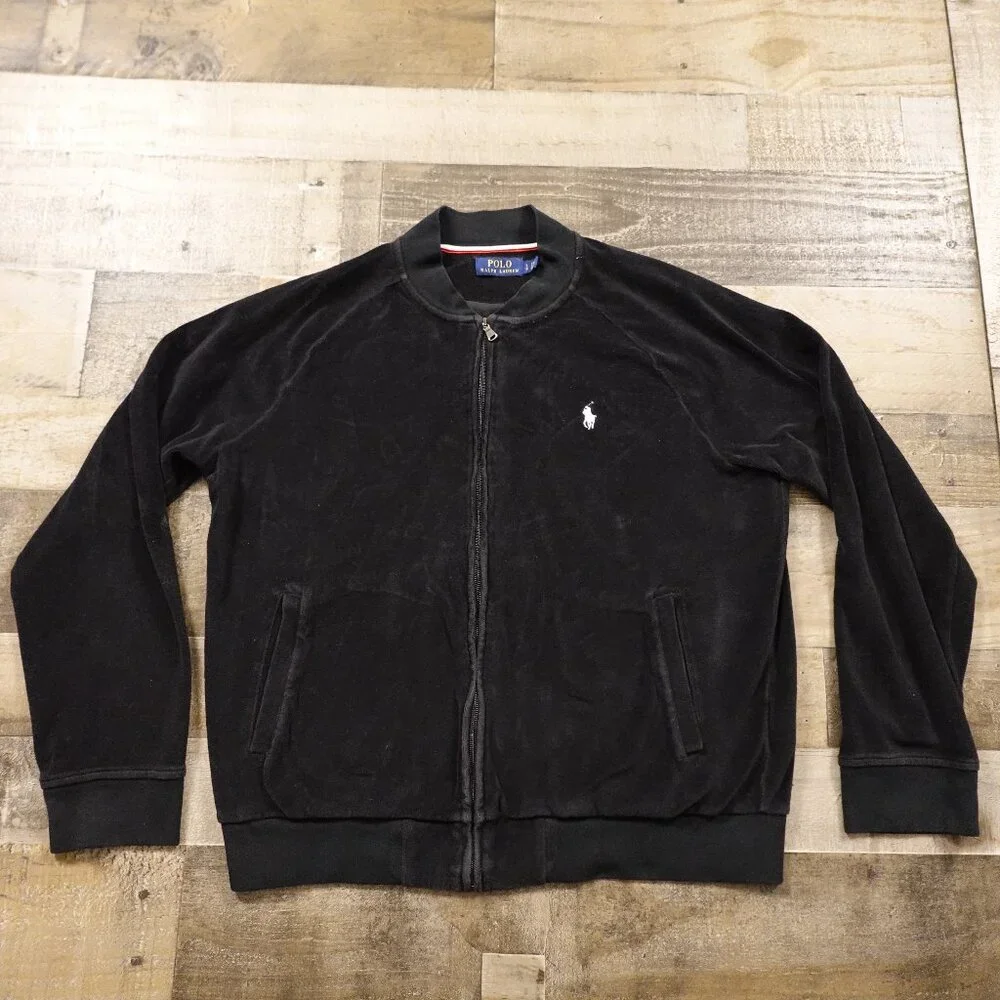 Polo Ralph Lauren Velour Full Zip Track‎ Jacket men's large black pre-owned